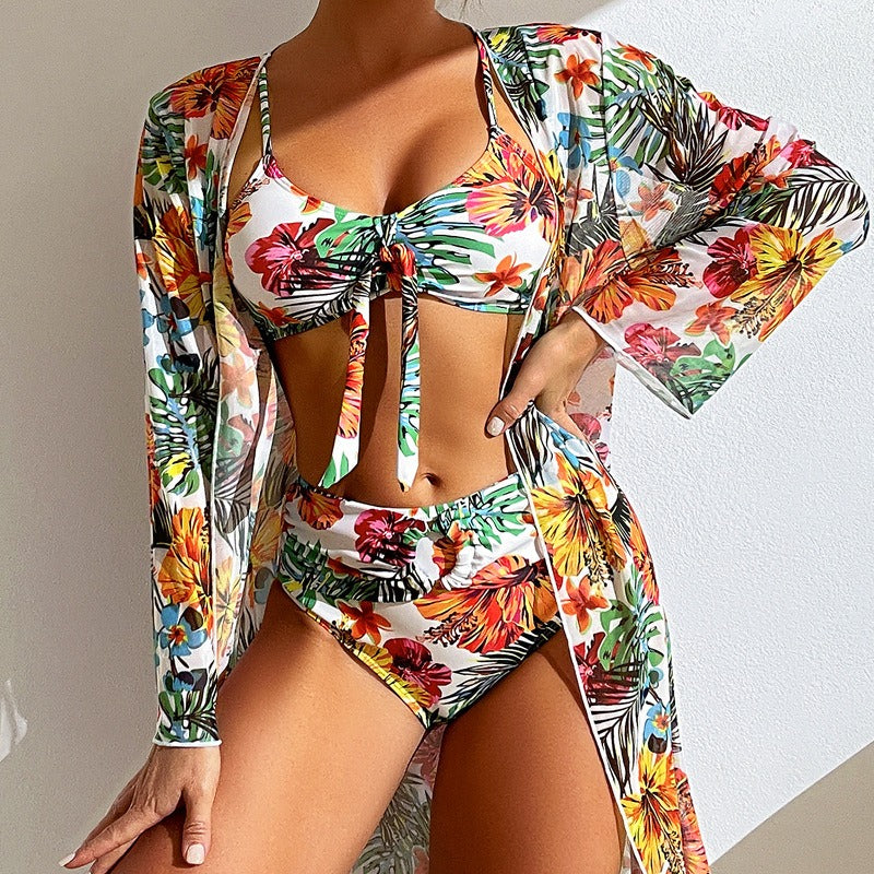 Swimming River Swimwear Long Sleeve Cover Up Split Three Piece Set Printed Sexy Swimwear Women's Bikini New Bikini
