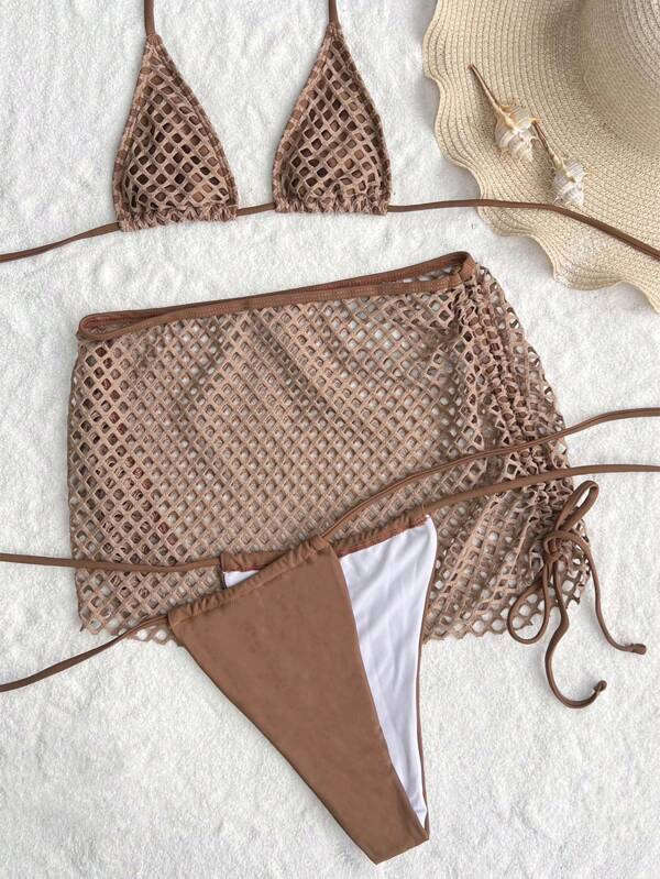 Sexy bikini three piece set solid color bikini bikini bikini mesh swimsuit