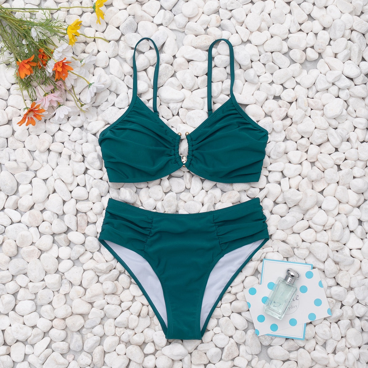 Solid Color Pleated High-Waist Sexy Bikini Two-Piece Swimsuit