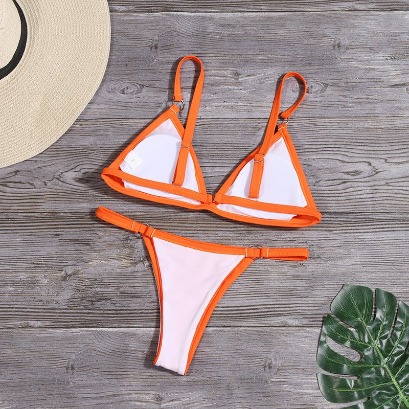 Solid Color Triangle Bikini Separated Swimsuit for Women with Metal Accessories