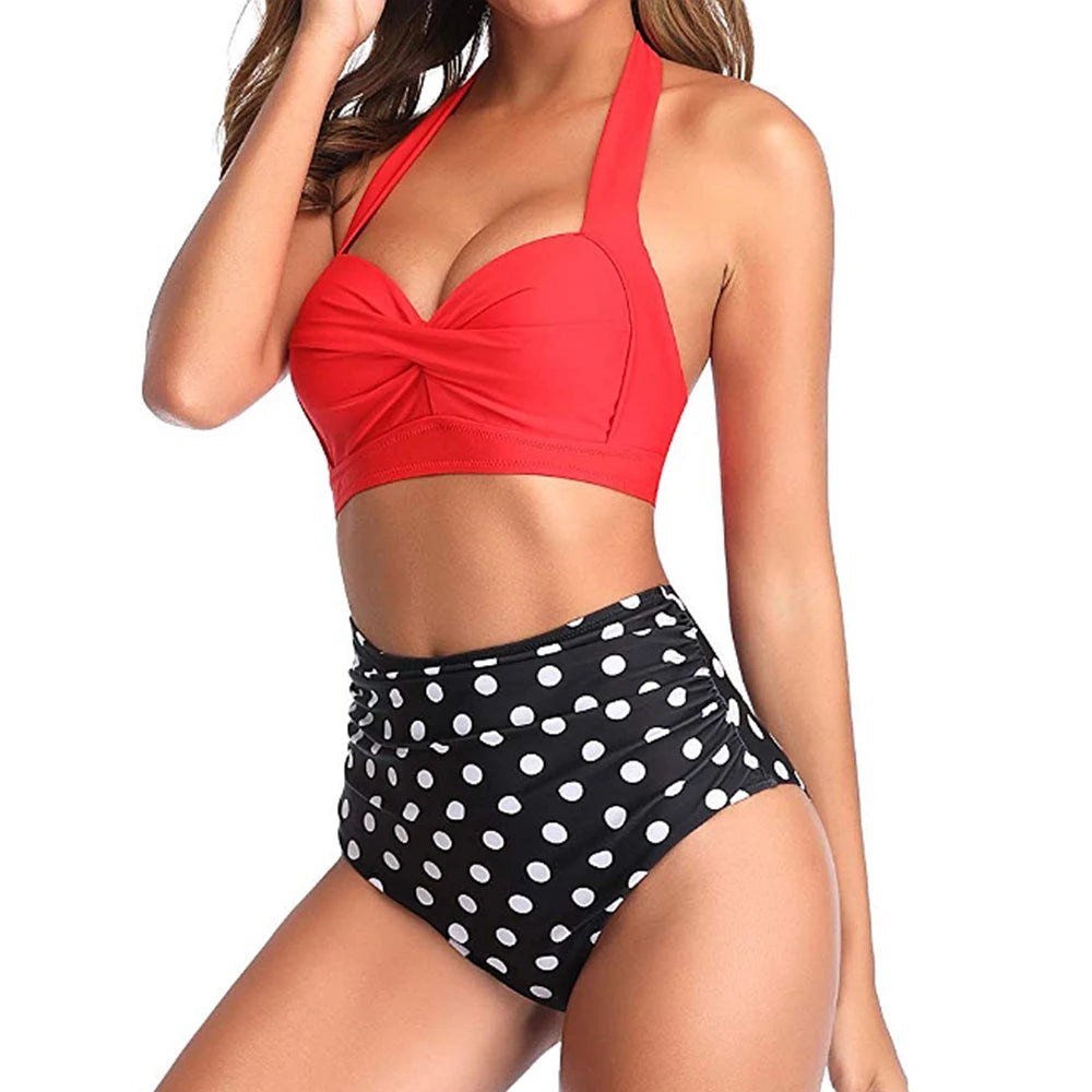 Sexy High Waist Bikini Florial Print Tankini Halter Sexy Bikini Set Polka Dot Female Swimwear Ladies Bathing Suit Plus Size XXL