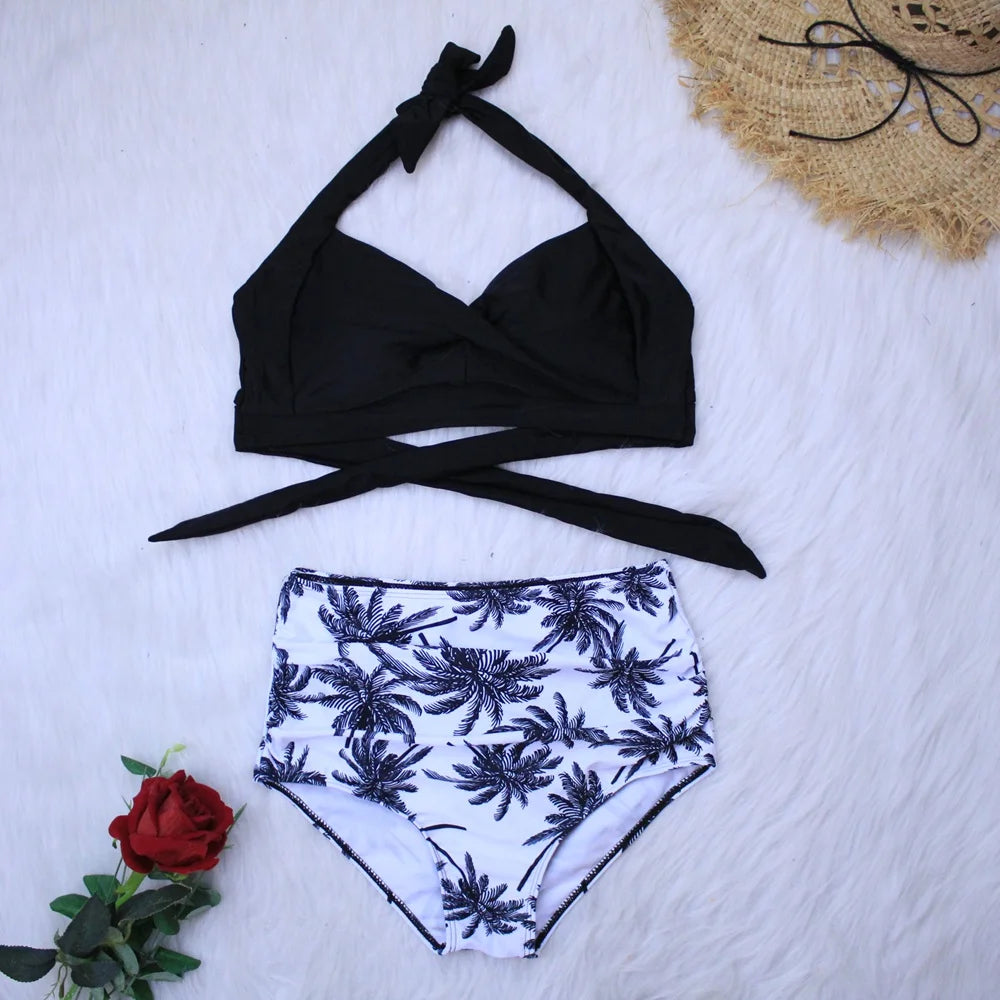 Sexy High Waist Bikini Florial Print Tankini Halter Sexy Bikini Set Polka Dot Female Swimwear Ladies Bathing Suit Plus Size XXL