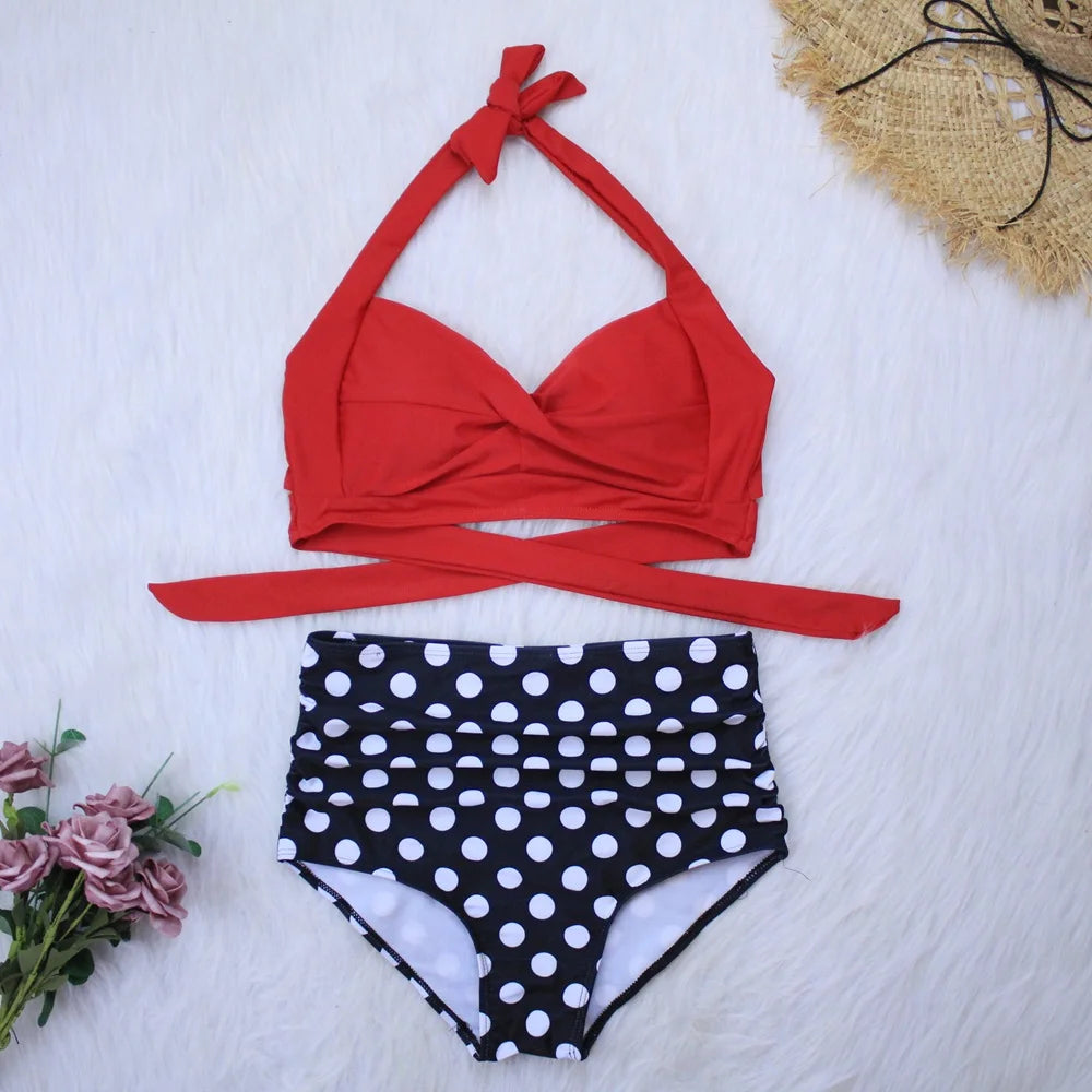 Sexy High Waist Bikini Florial Print Tankini Halter Sexy Bikini Set Polka Dot Female Swimwear Ladies Bathing Suit Plus Size XXL