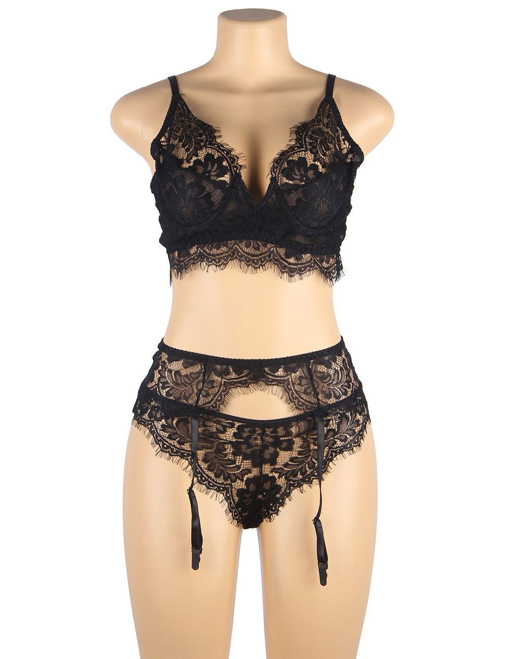 Black Floral Embroidery Underwire Garter Lingerie Set Plus Size