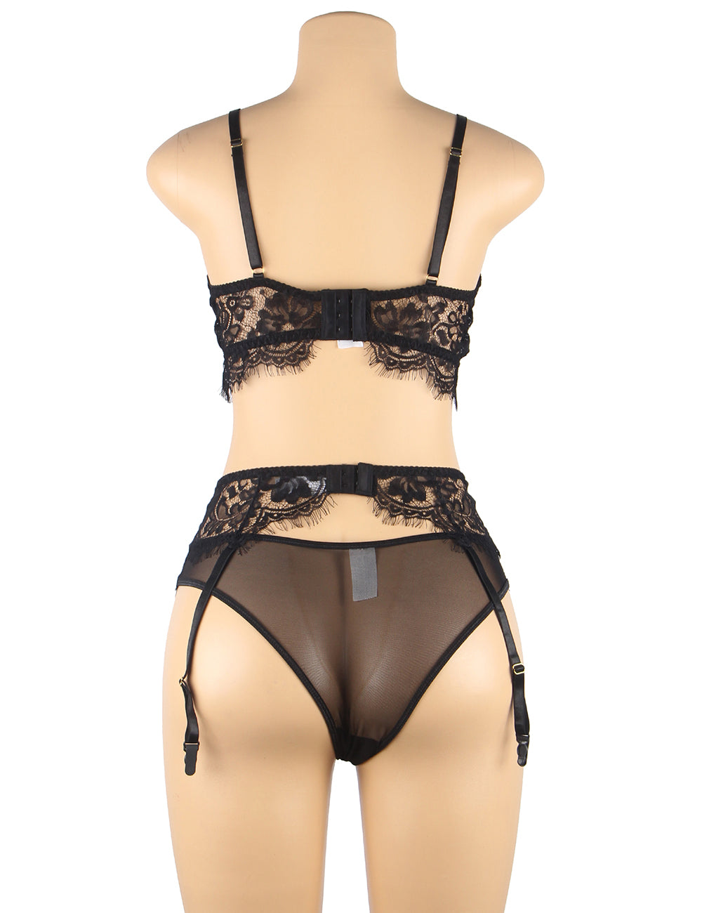 Black Floral Embroidery Underwire Garter Lingerie Set Plus Size
