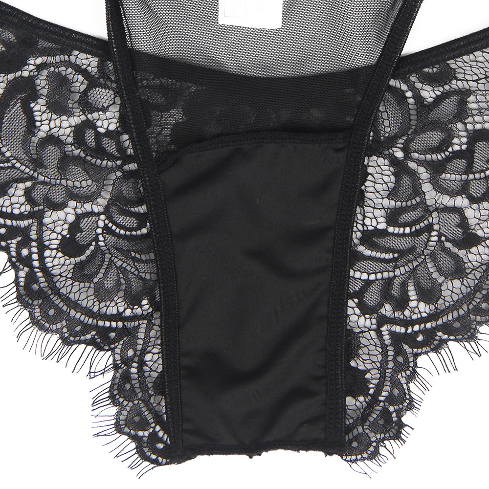 Black Floral Embroidery Underwire Garter Lingerie Set Plus Size