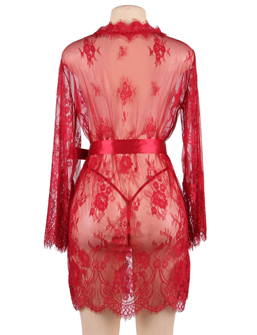 Sexy Long Sleeve Short Sleepwear with Thong Red Plus Size