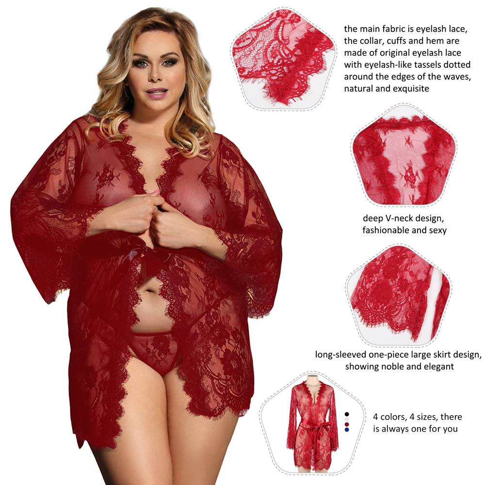 Sexy Long Sleeve Short Sleepwear with Thong Red Plus Size