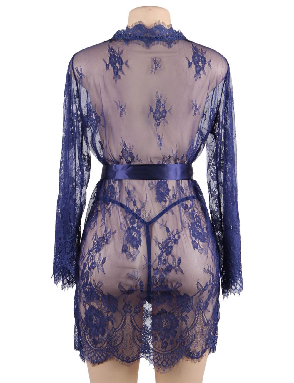 Sexy Long Sleeve Eyelash Lace Short Sleepwear with Thong blue