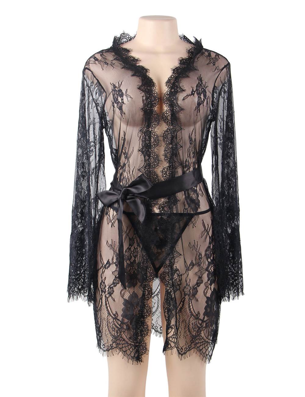 Sexy Long Sleeve Short Sleepwear with Thong Plus Size Black