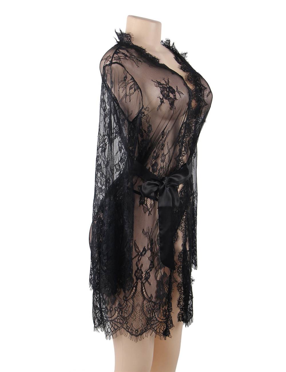 Sexy Long Sleeve Short Sleepwear with Thong Plus Size Black