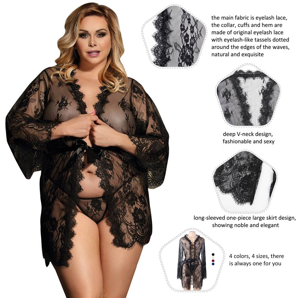 Sexy Long Sleeve Short Sleepwear with Thong Plus Size Black