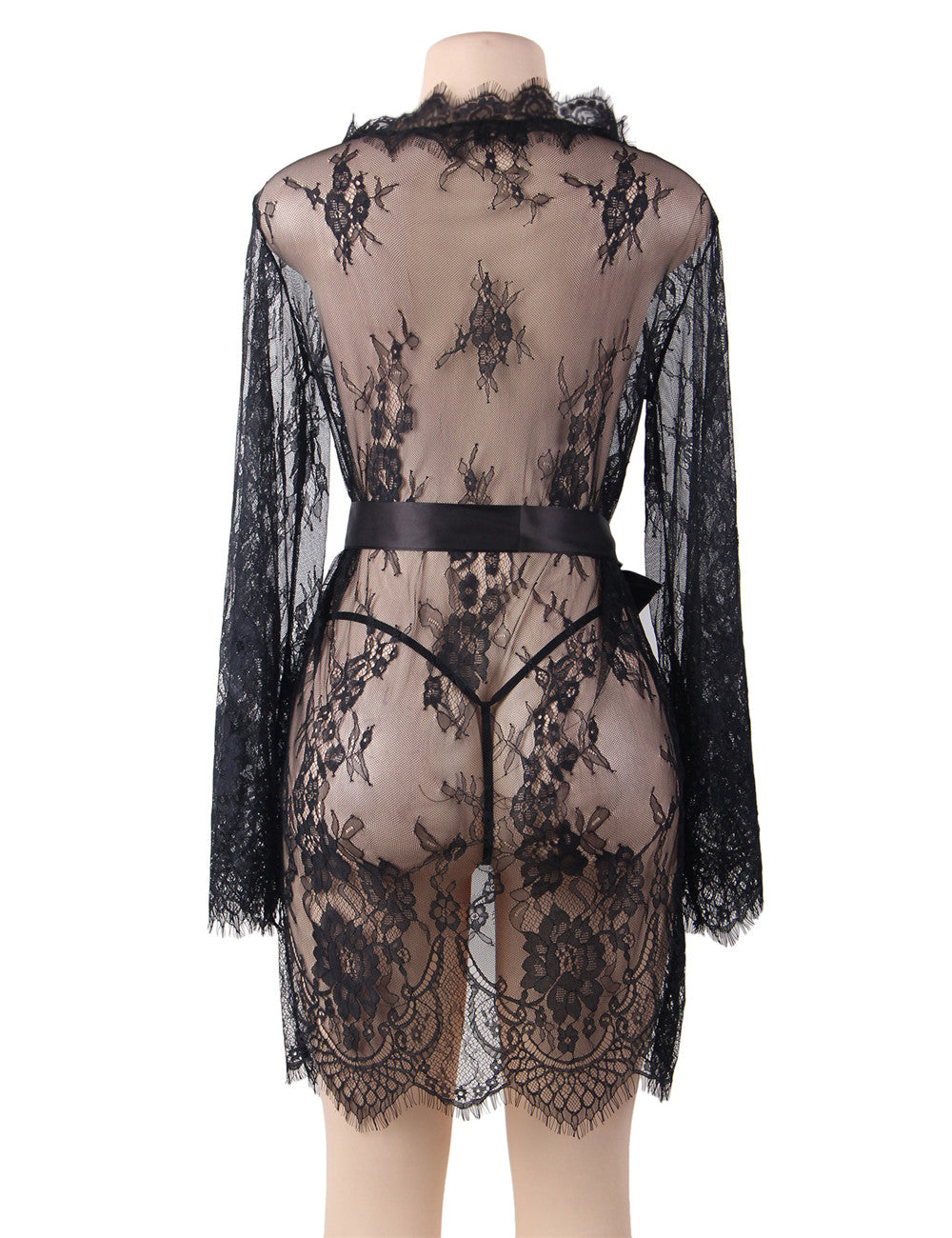 Sexy Long Sleeve Short Sleepwear with Thong Plus Size Black