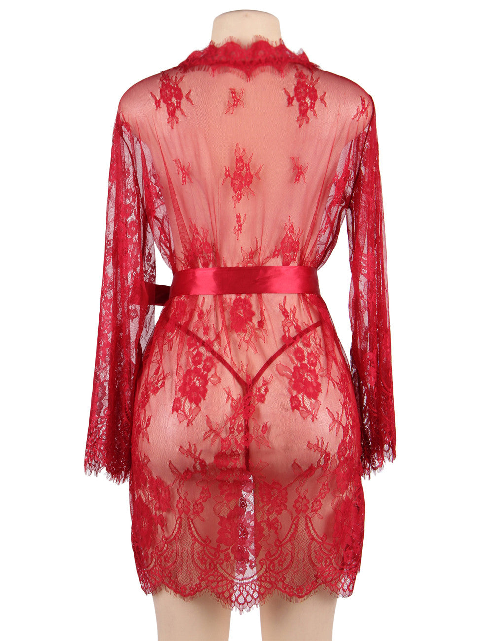 Sexy Long Sleeve Eyelash Lace Short Sleepwear with Thong Red