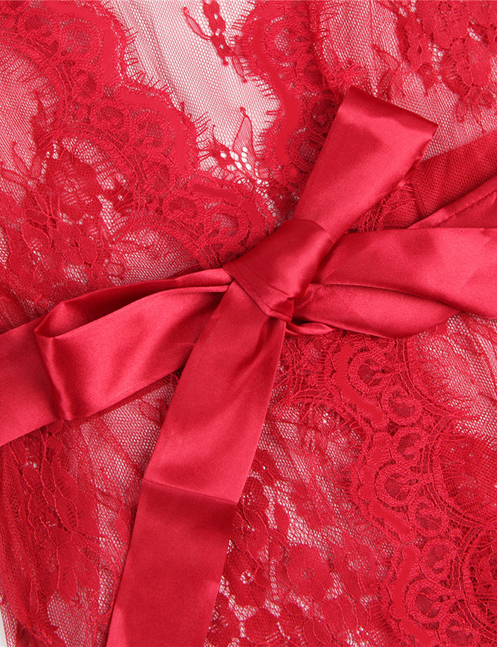 Sexy Long Sleeve Eyelash Lace Short Sleepwear with Thong Red
