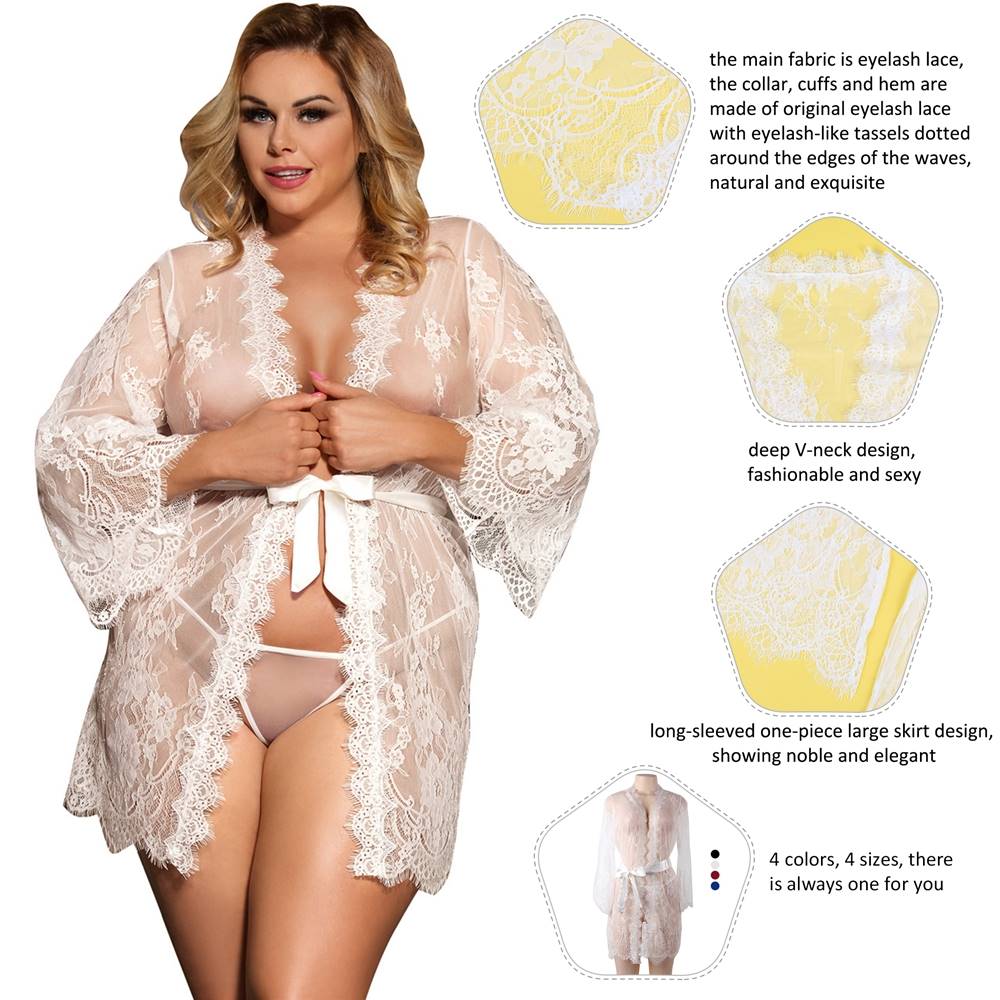 Sexy Long Sleeve Eyelash Lace Short Sleepwear with Thong White