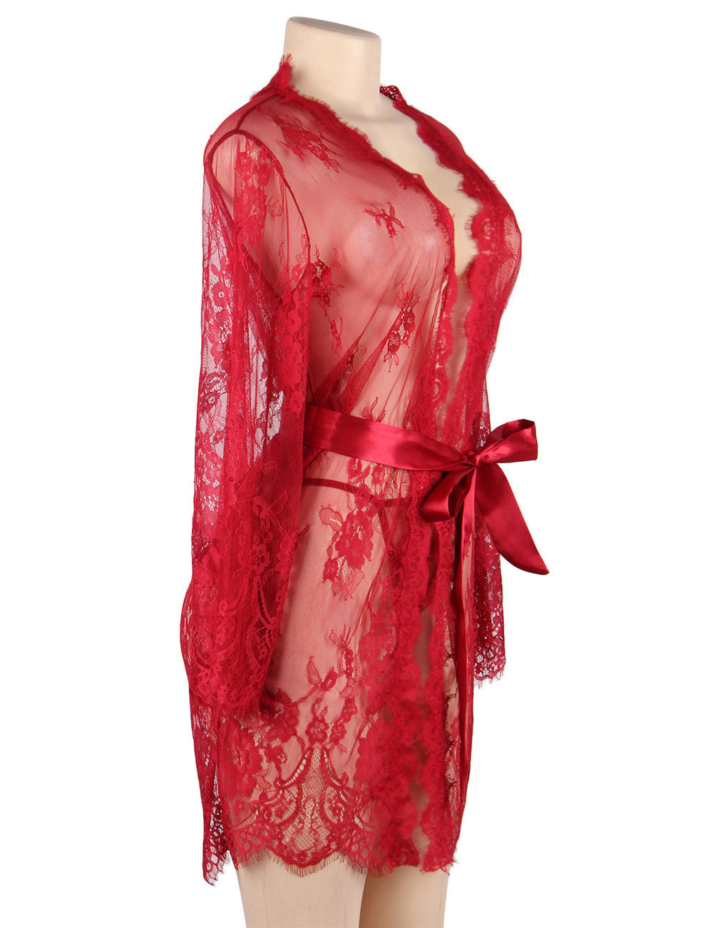 Sexy Long Sleeve Eyelash Lace Short Sleepwear with Thong Red
