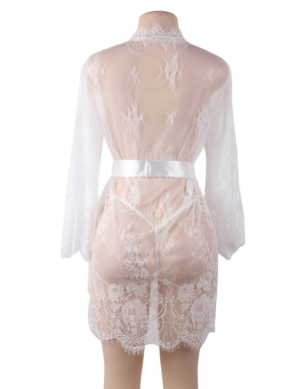 Sexy Long Sleeve Eyelash Lace Short Sleepwear with Thong White