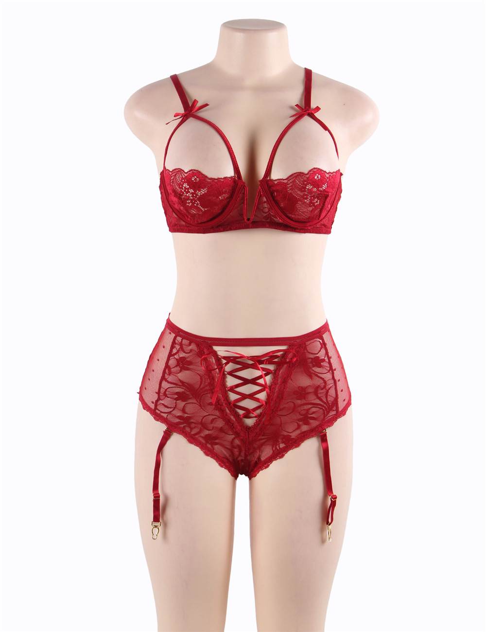 Open Bust Bra and Garter Panty Set with Steel Ring 2 colours