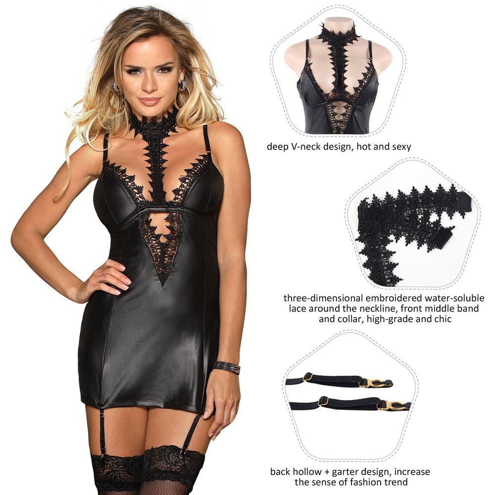 Faux Leather Exquisite Lace Choker Neck Babydoll Plus Size