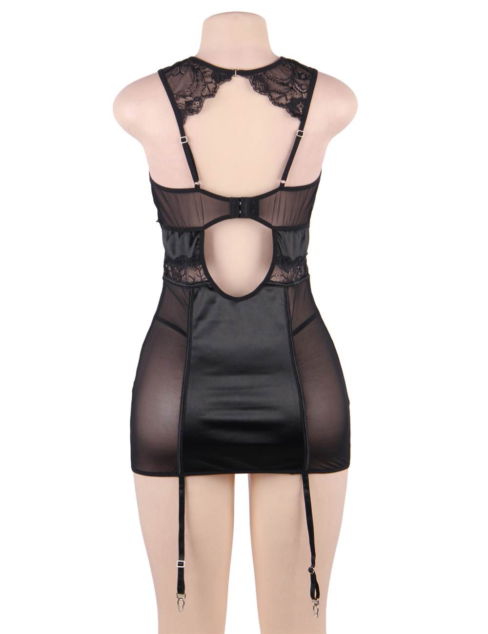 Black Deluxe Satin Lace Stitching Babydoll with Steel Ring Plus Size