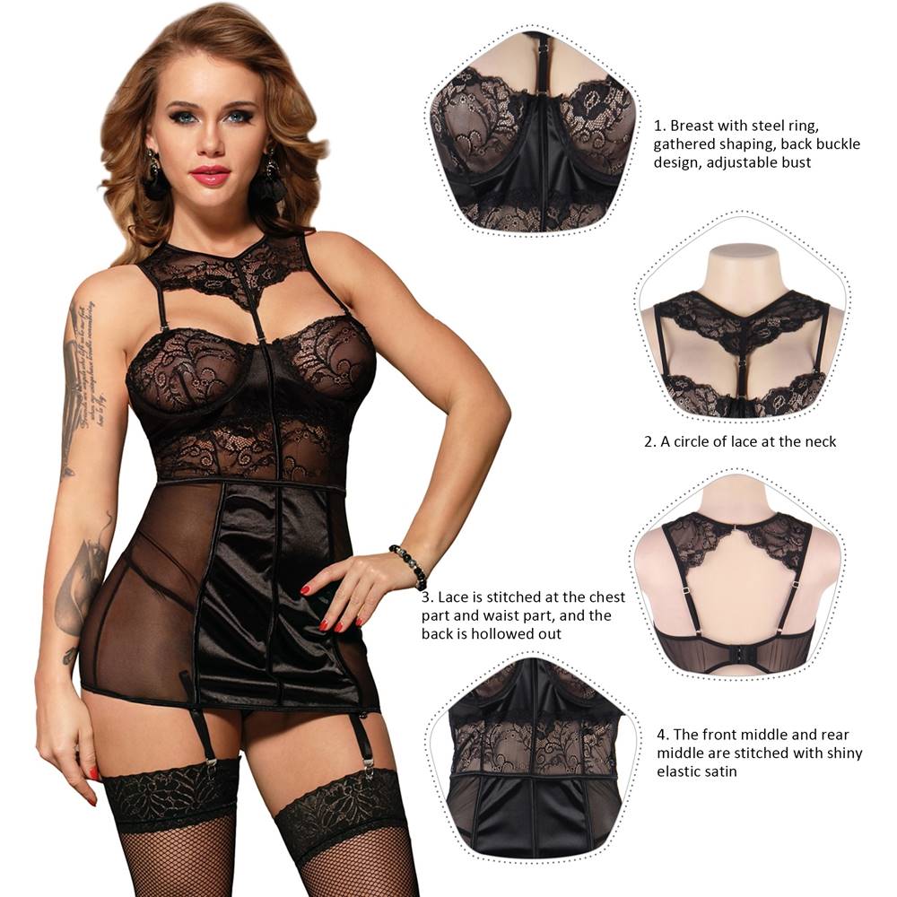 Black Deluxe Satin Lace Stitching Babydoll with Steel Ring