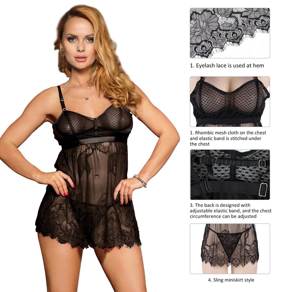 Elegant Black Lace Sexy Babydoll +plus size 2 colours