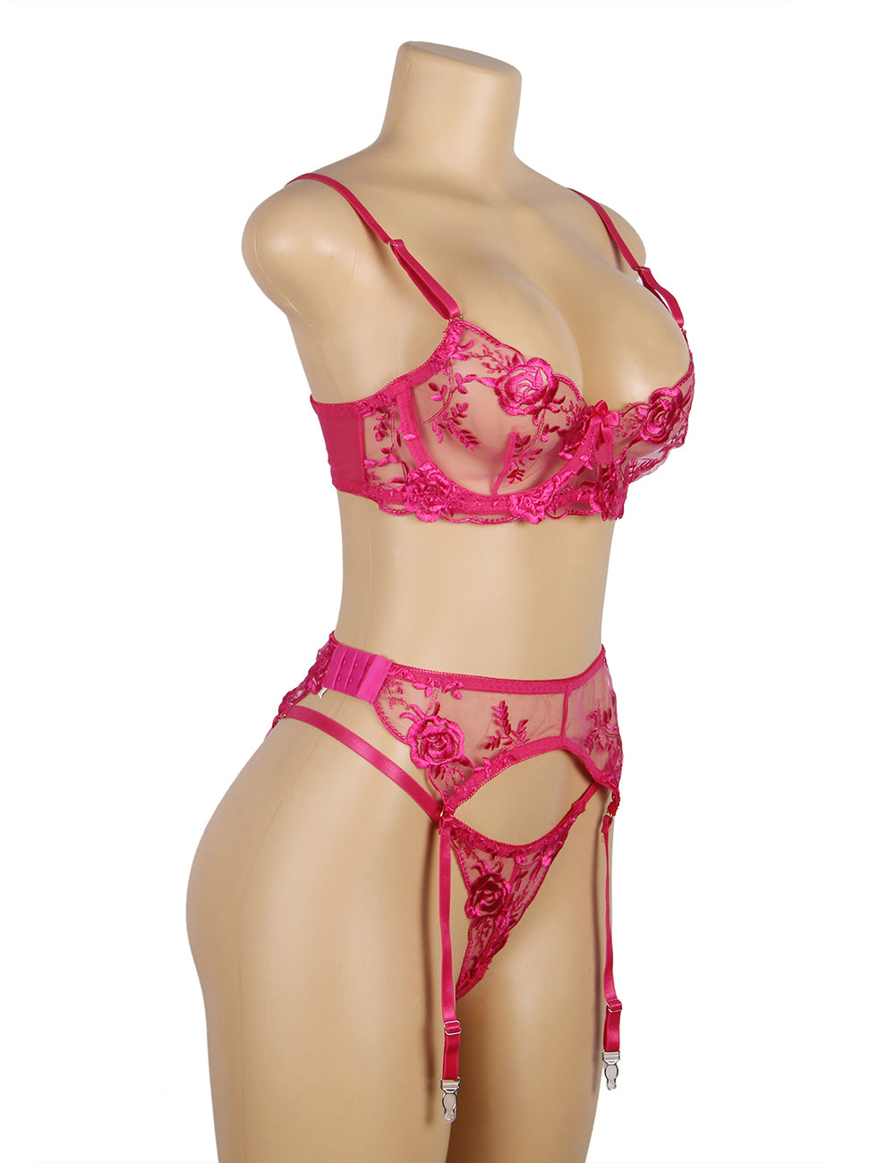 Floral Embroidery Underwire Garter Lingerie Set 5 Plus Size