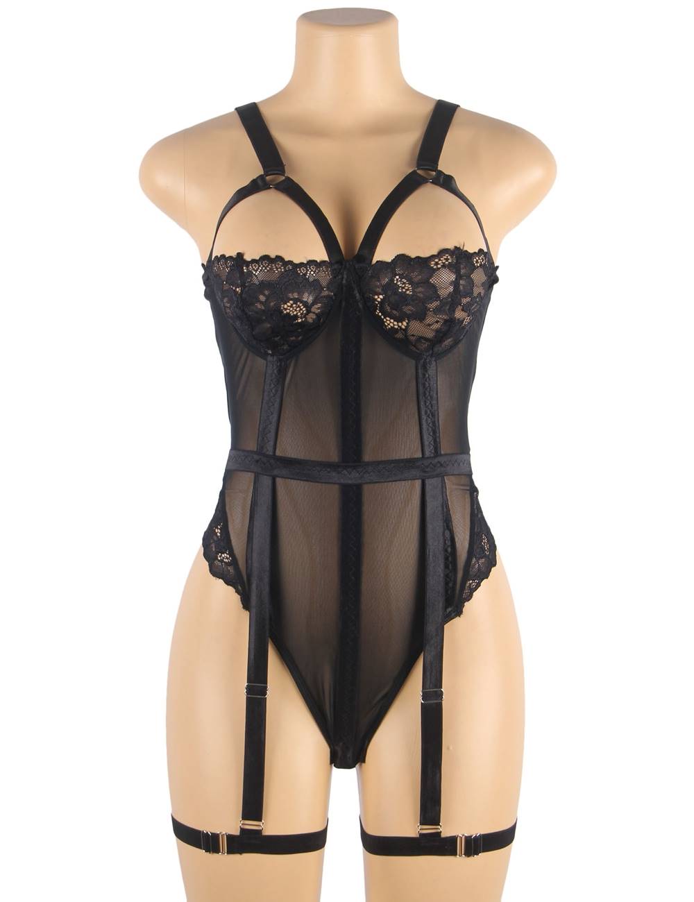 Sexy Slim Lace Garter Leg Ring Teddy Black Plus size