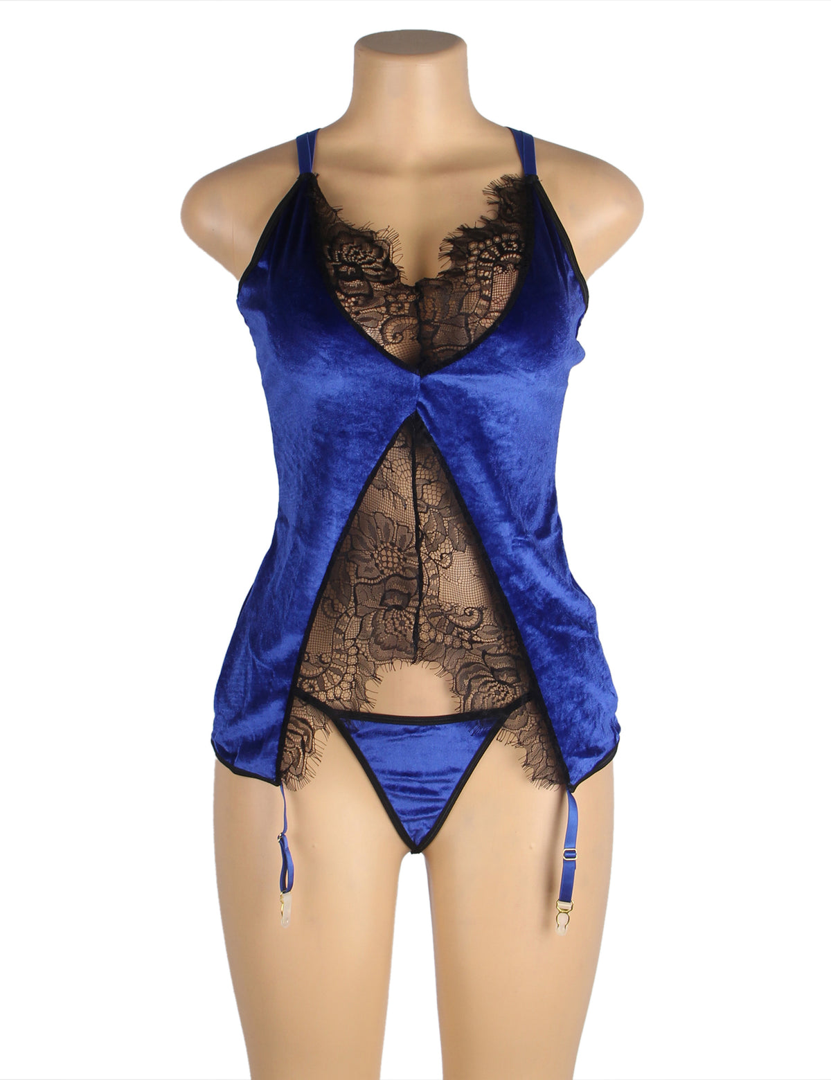 Blue Velvet Stitching Lace Sexy Garter Lingerie