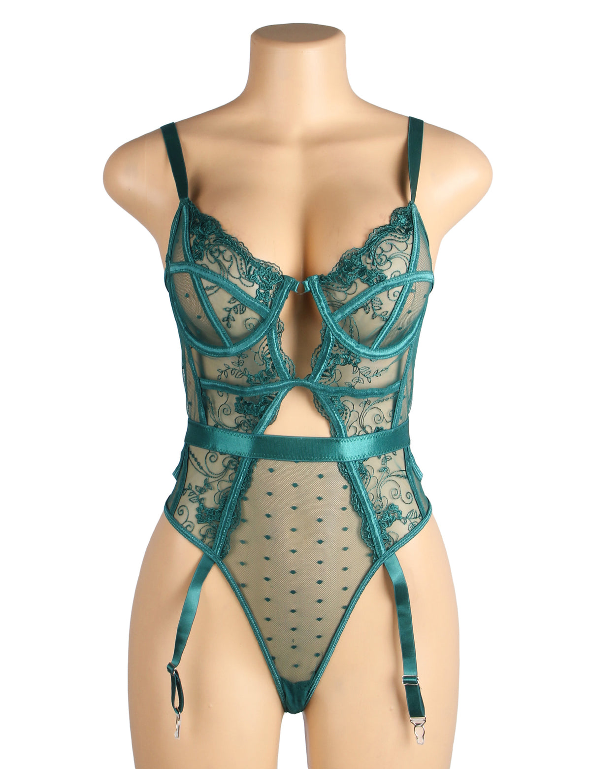 Sexy Embroidery Lace Hollow Suspender Bodysuit Green