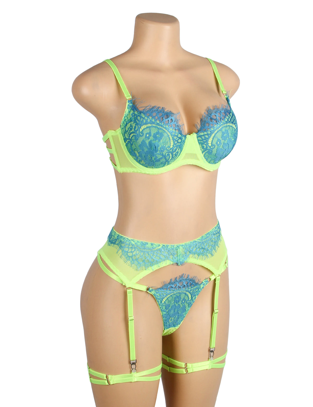 Green Spliced Eyelash Lace Bra Set Plus Size