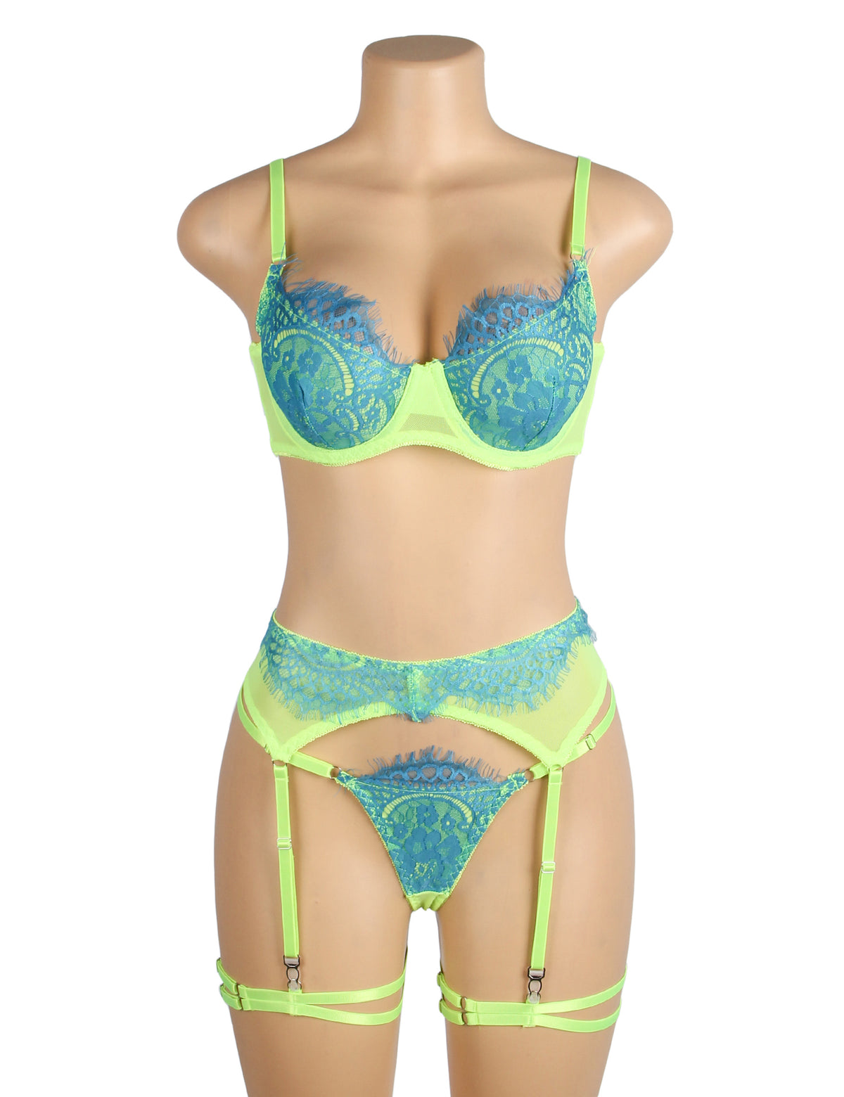 Green Spliced Eyelash Lace Bra Set Plus Size