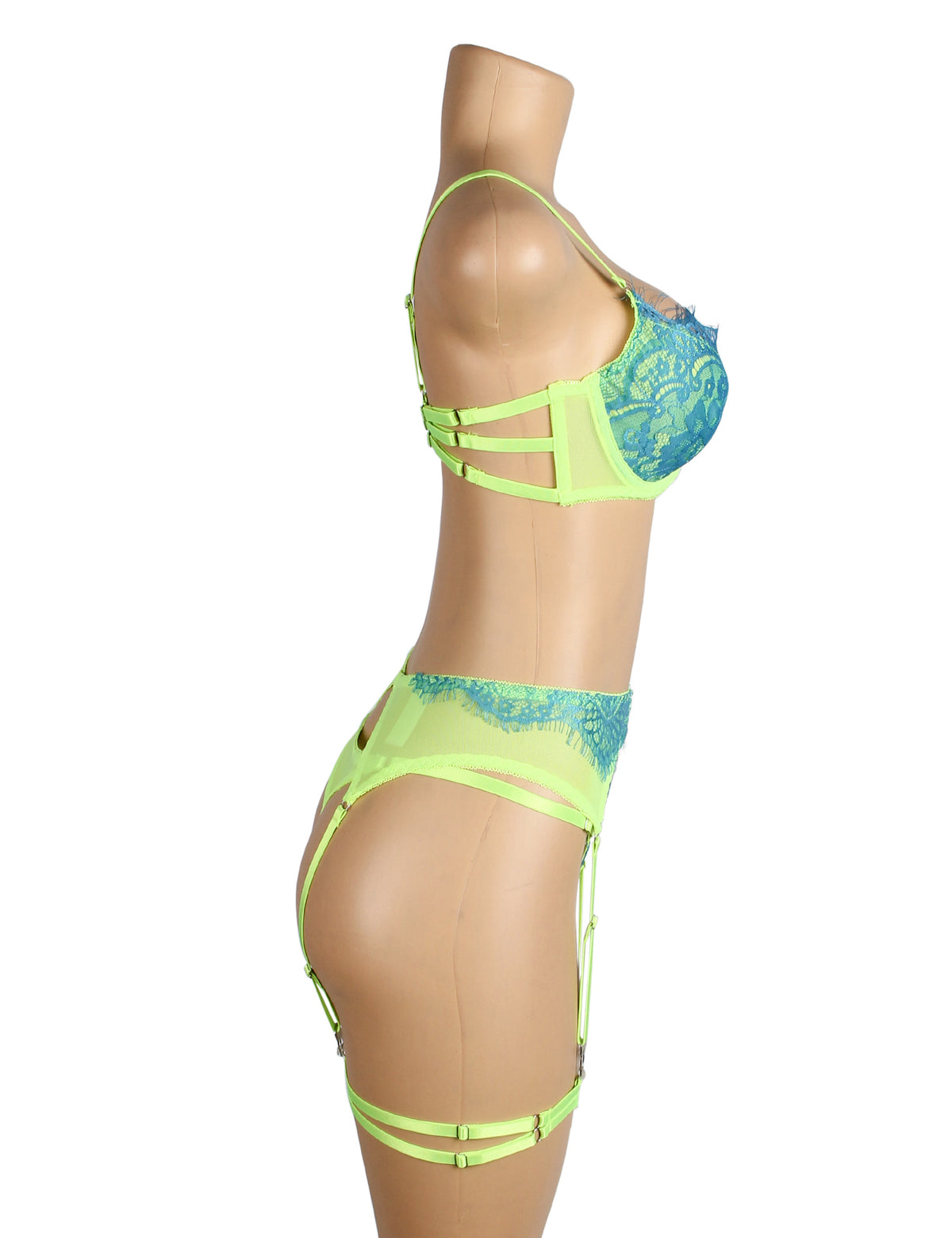 Green Spliced Eyelash Lace Bra Set Plus Size
