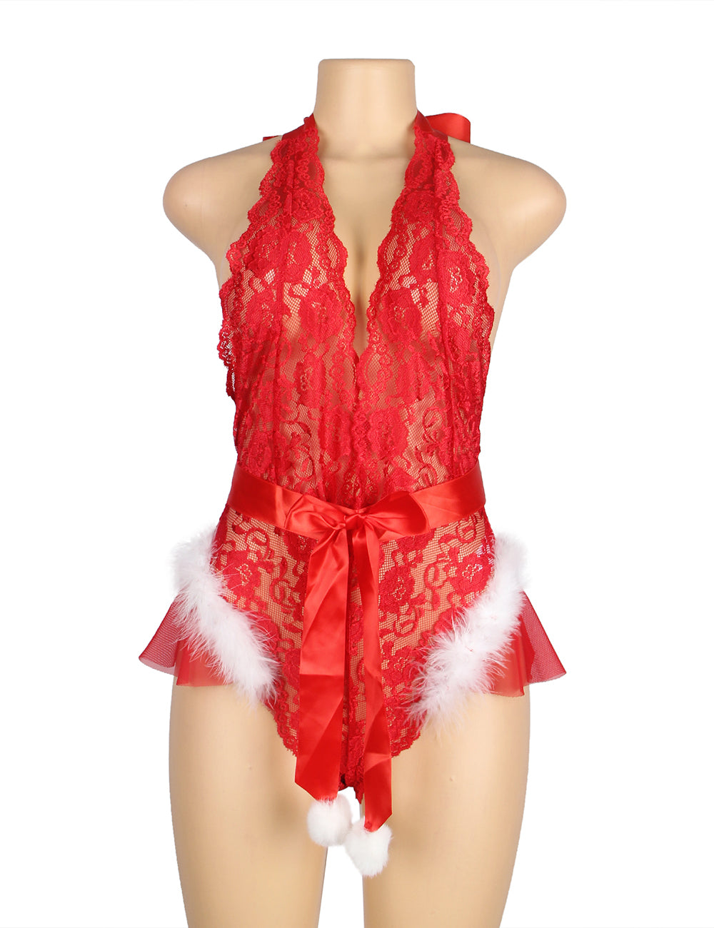 Sexy Red Christmas Type Lace Halter Teddy Lingerie