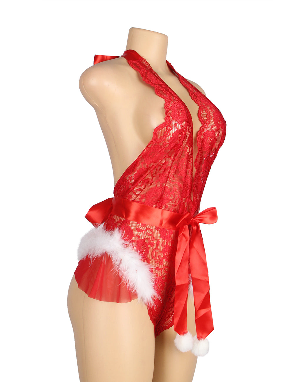 Sexy Red Christmas Type Lace Halter Teddy Lingerie