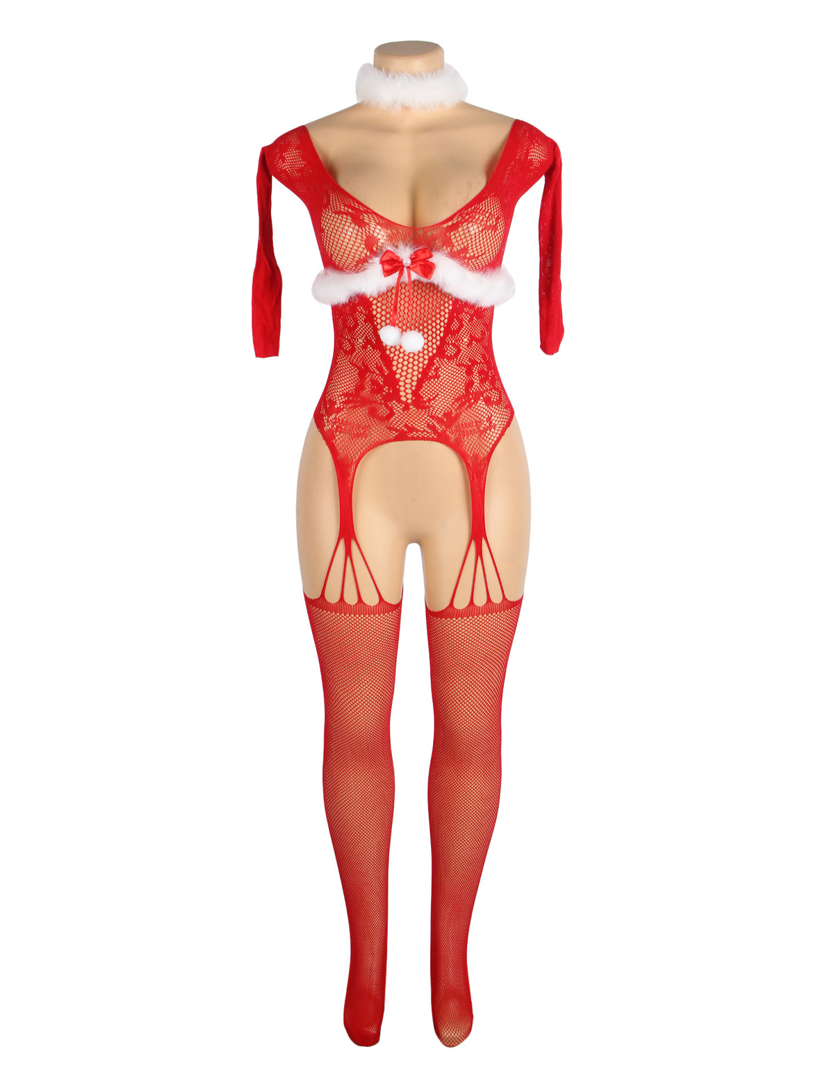 Bow Plush Decoration Long Sleeves Fishnet Bodystocking