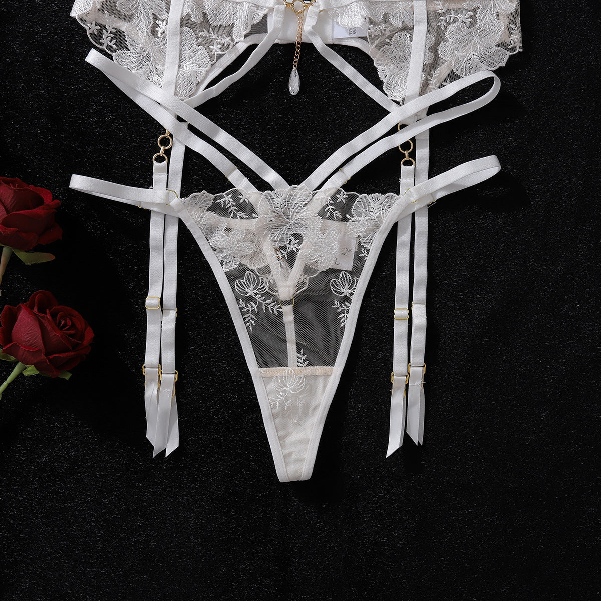 Embroidery sexy lingerie garter belt leg ring three-piece set with steel ring