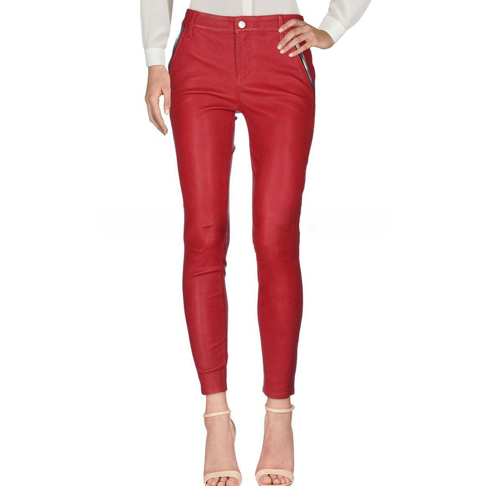 women's red leather jeans pants zara