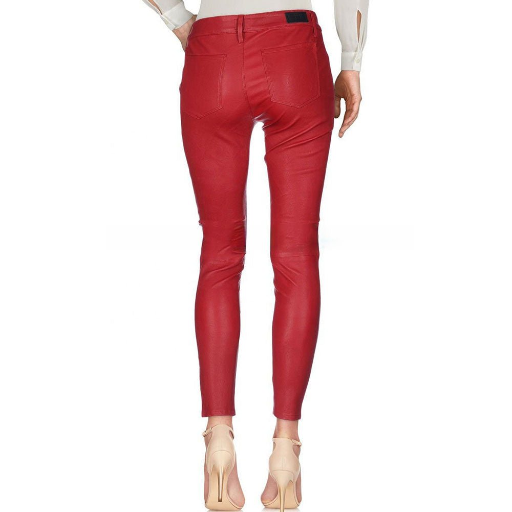 women's red leather jeans pants zara