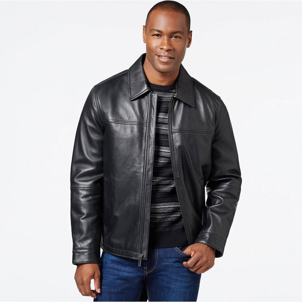 zip up polo leather jacket black