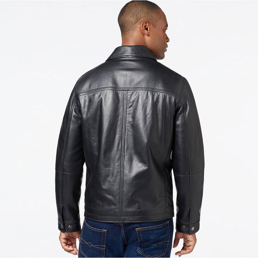 zip up polo leather jacket black