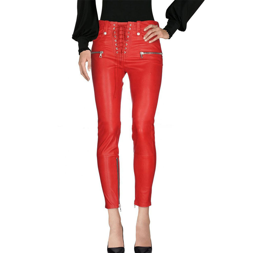 red lace up skinny leather pants