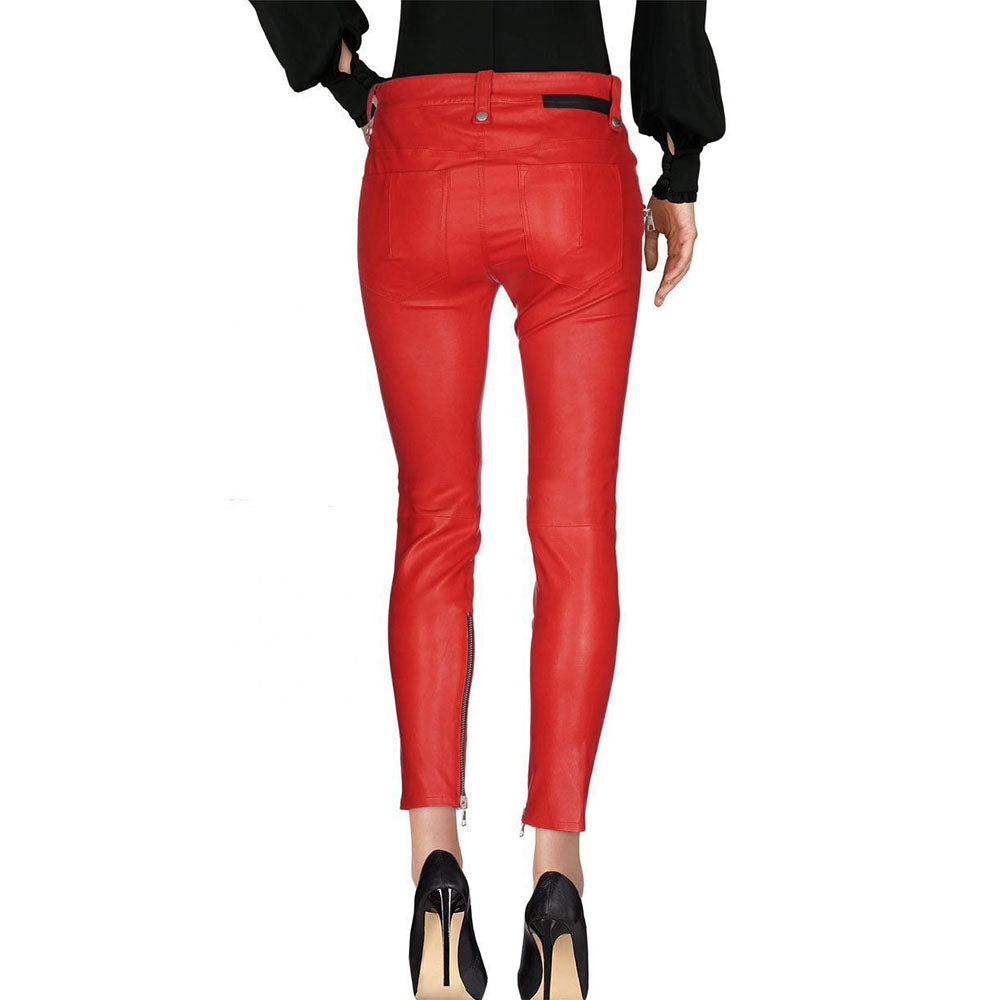 red lace up skinny leather pants