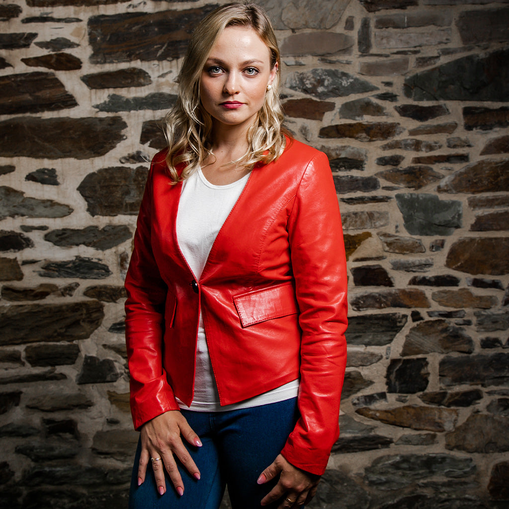 women's red lambskin leather blazer jacket zara