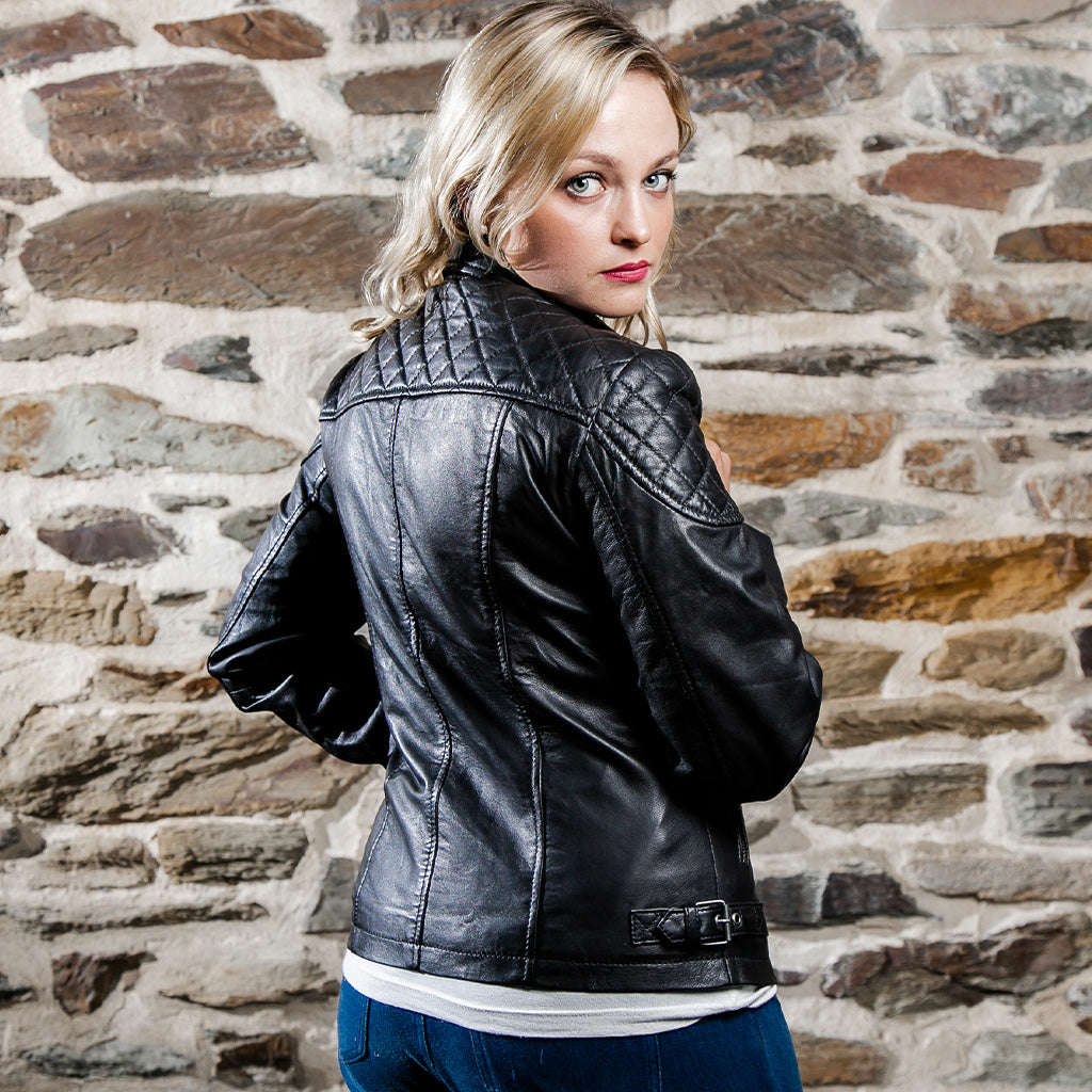 women's motorbike biker black lambskin leather jacket zara