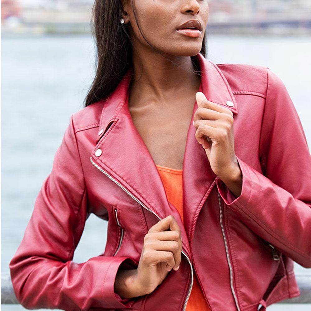 women's motorbike biker red lambskin leather jacket zara