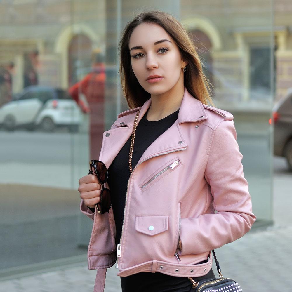 Women's Leather Biker Jacket in Pink - Jada