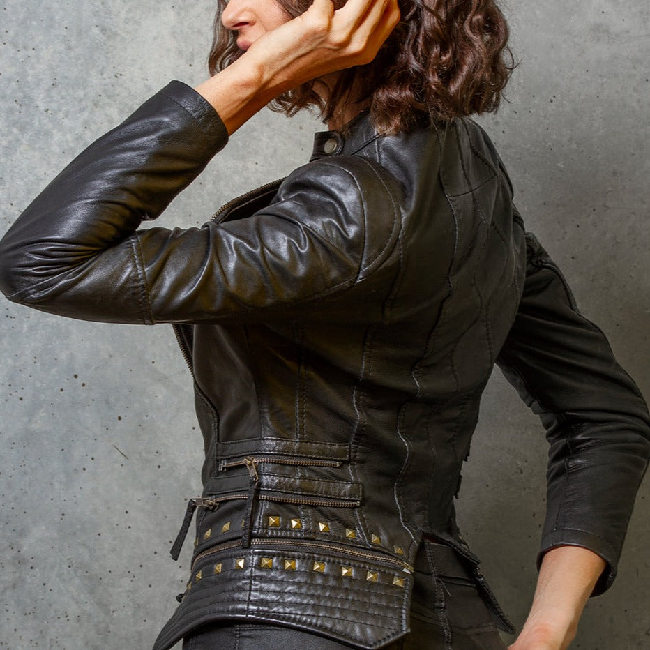 women's black studded lambskin leather jacket zara