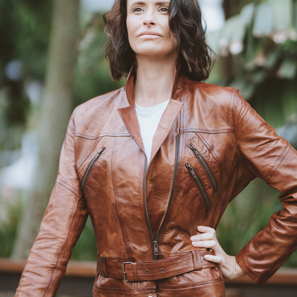 women's motorbike biker lambskin leather jacket brown zara